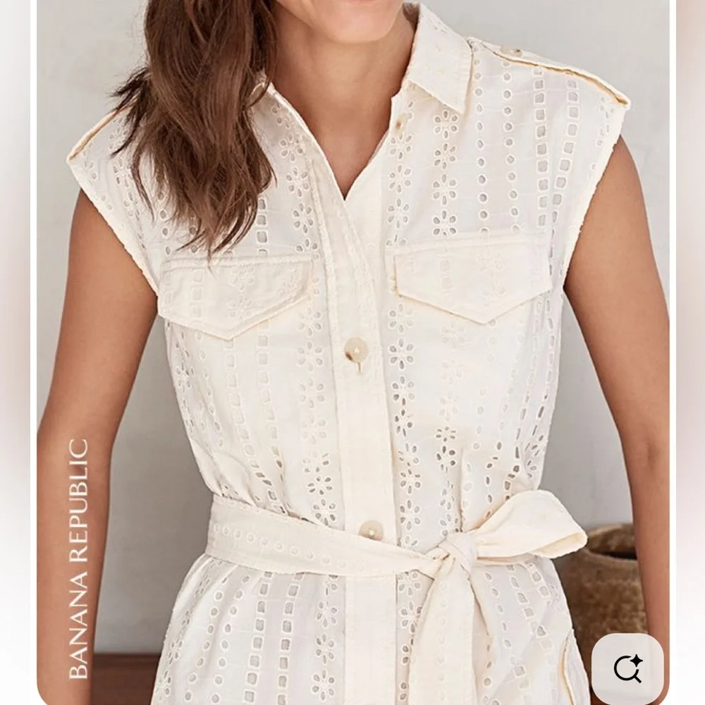 Banana Republic Ivory Eyelet belt short sleeve cotton Shirtdress pocket‎ 6 NWNT - Picture 2 of 12